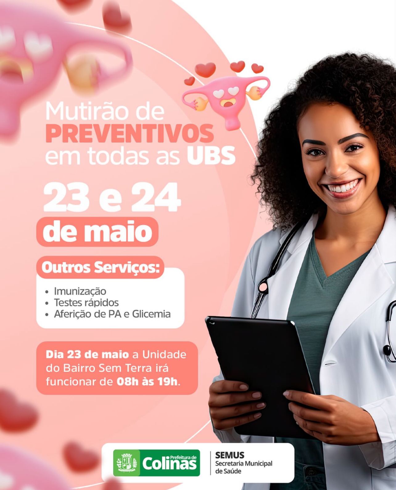 Saúde de Colinas realizará Mutirão de Preventivos nos dias 23 e 24 de maio